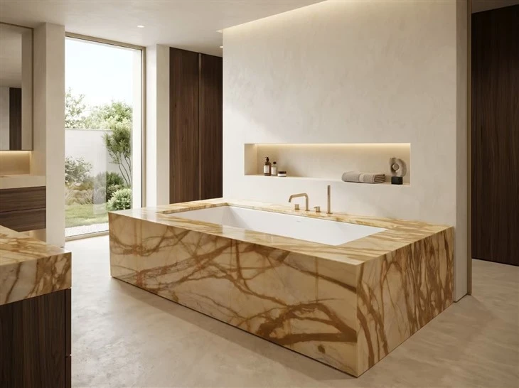 Giallo Siena Marble bathtub deck with mitered apron panels and a white soaking tub in a luxury primary bathroom