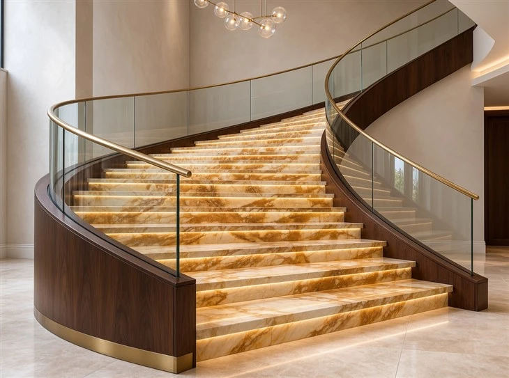 Giallo Siena Marble curved interior staircase with illuminated treads, glass balustrades and dark walnut side panels