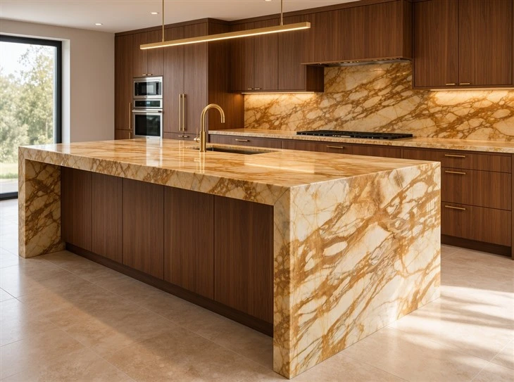 Giallo Siena Marble kitchen countertop, full-height backsplash and waterfall island with dark walnut cabinetry